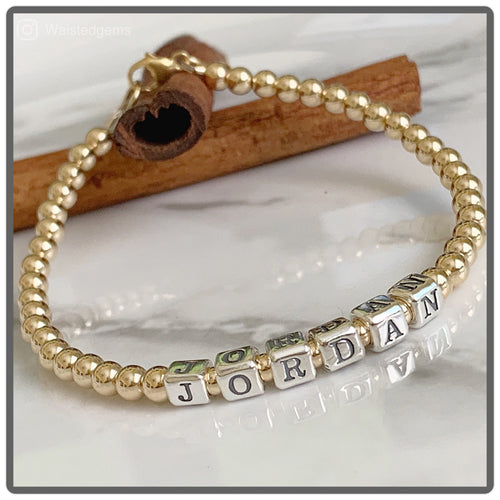 14k Gold Filled Beaded Name Bracelet Custom Sterling Silver Letter Bracelet