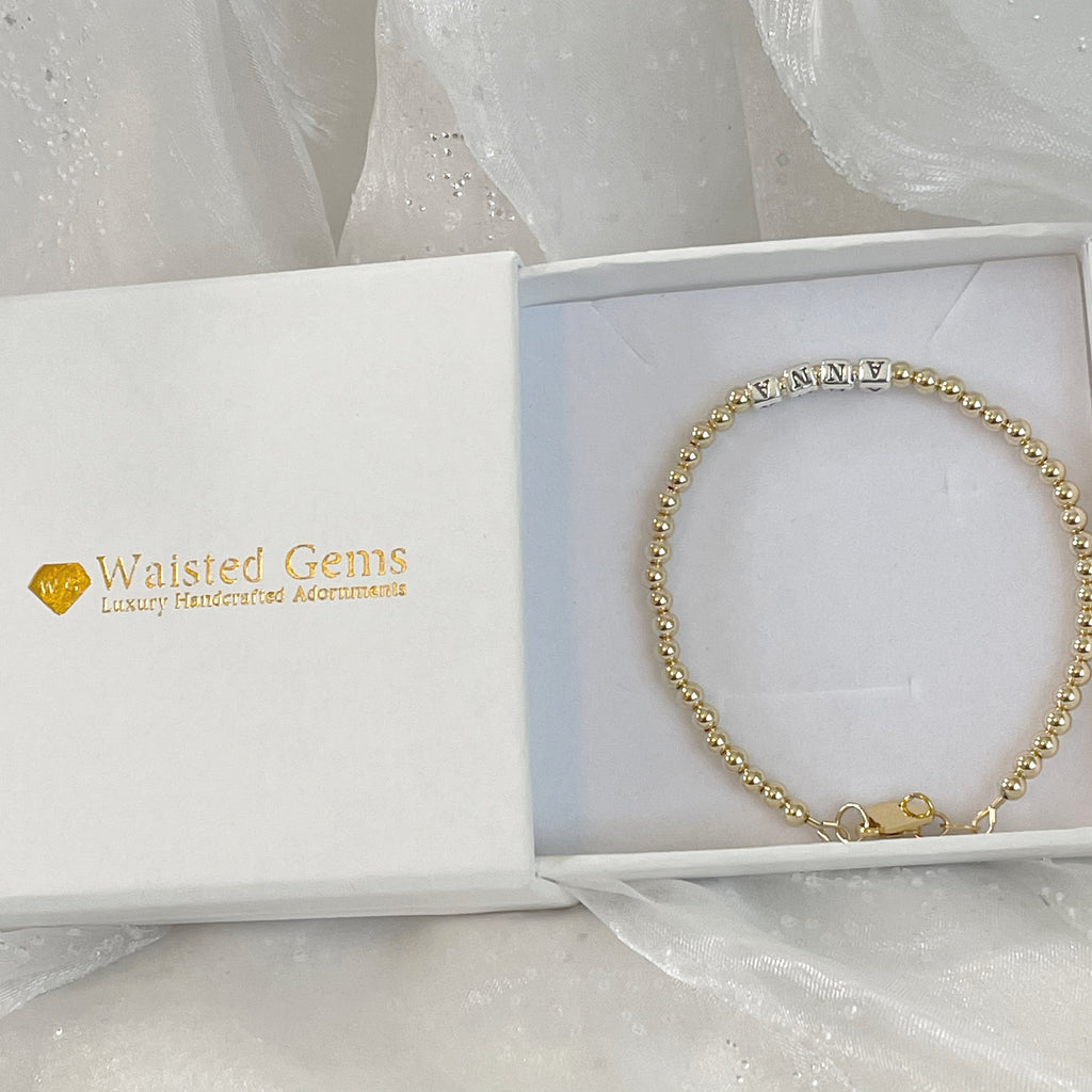 14k Solid Gold Beaded Name Bracelet