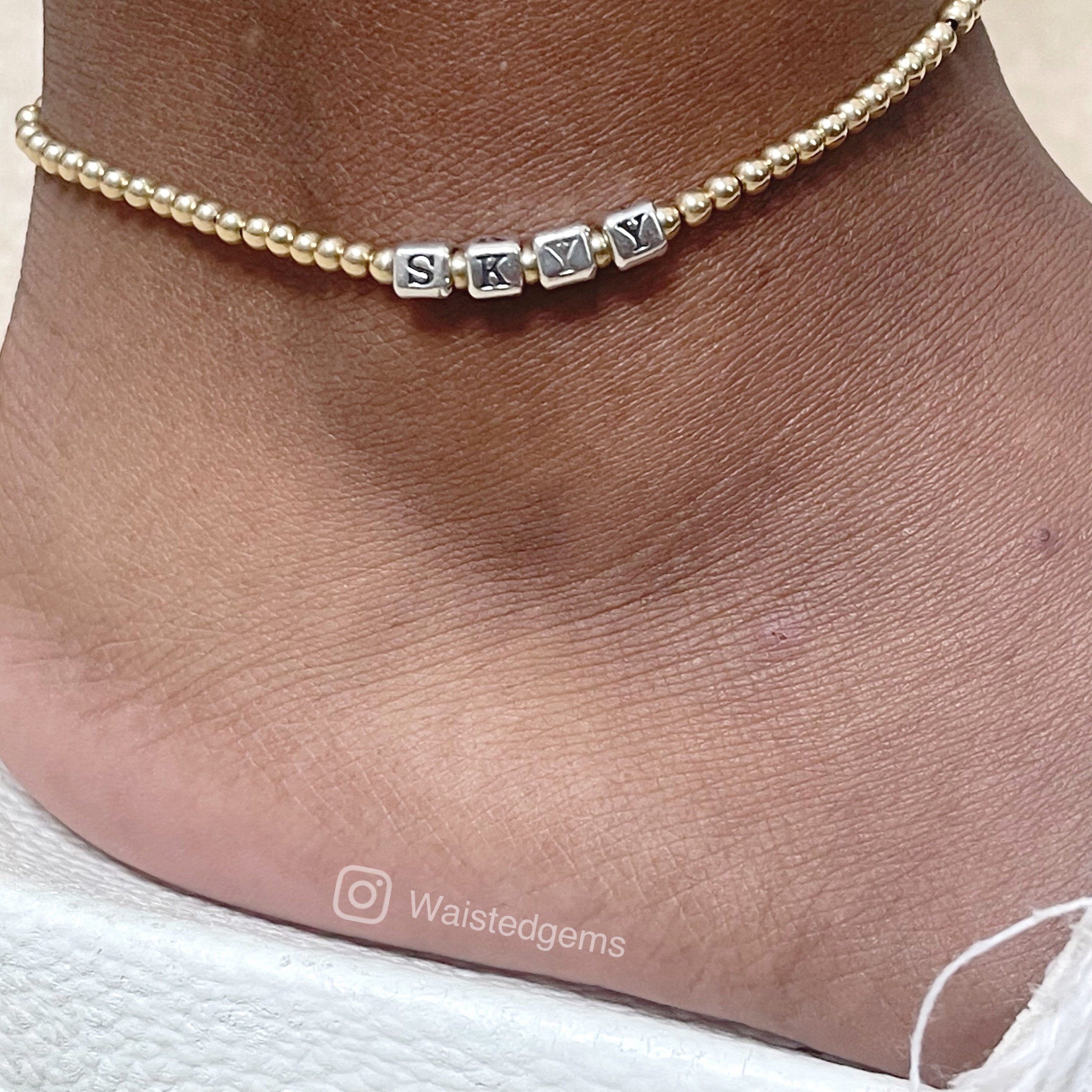14k Gold Filled Name Anklet – Two-Tone Custom Beaded Monogram