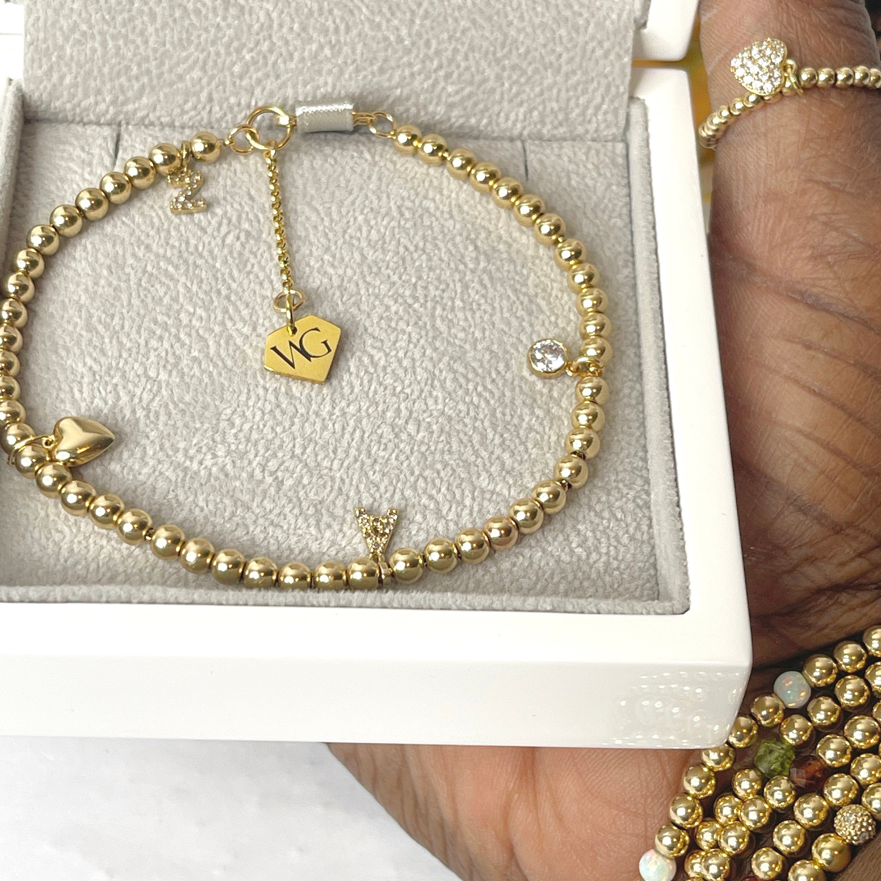 14K Gold Beaded Bracelet Initial Charm detail