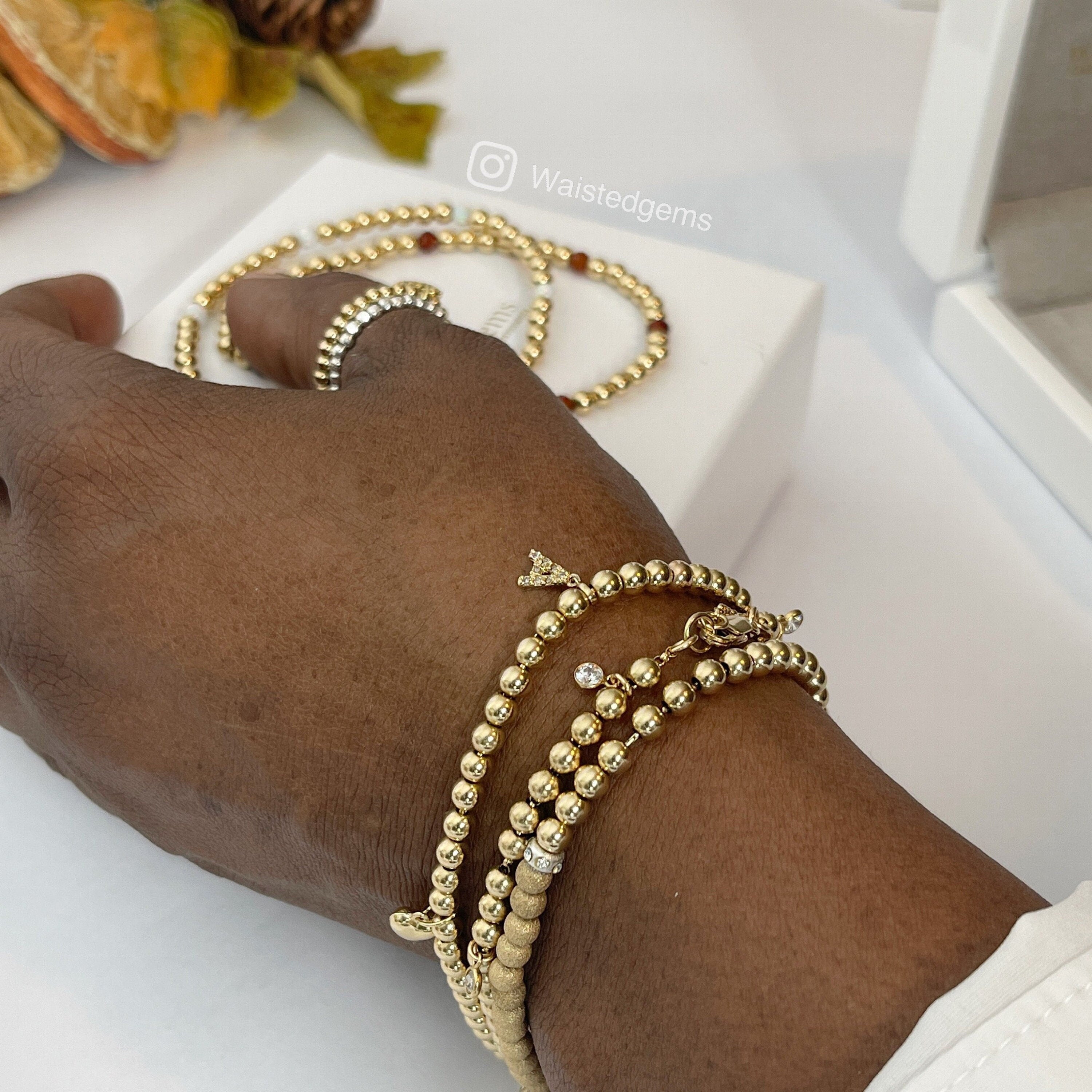 14K Gold Beaded Bracelet Initial Charm worn