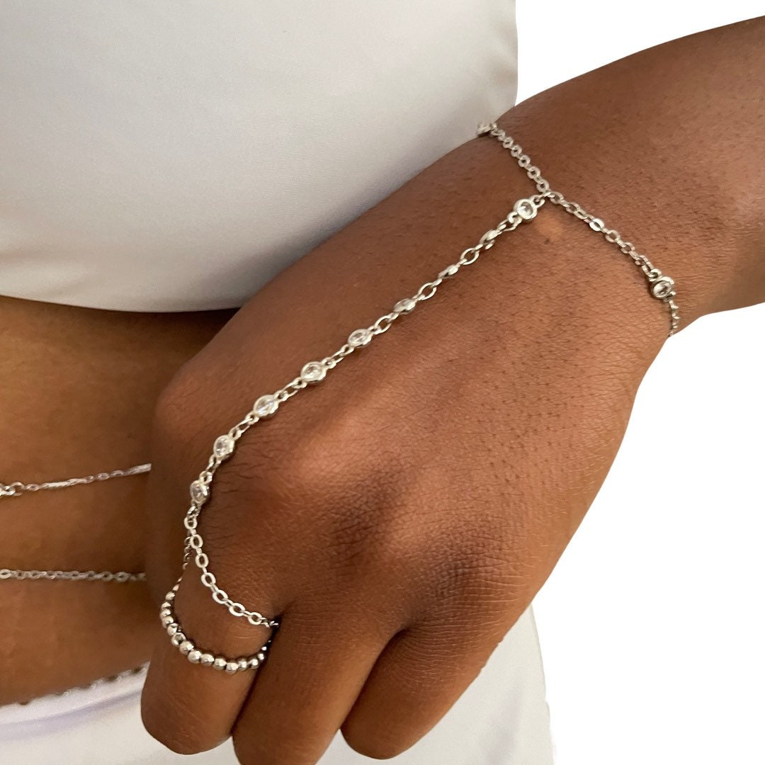 14k Gold Diamond Hand Chain Bracelet