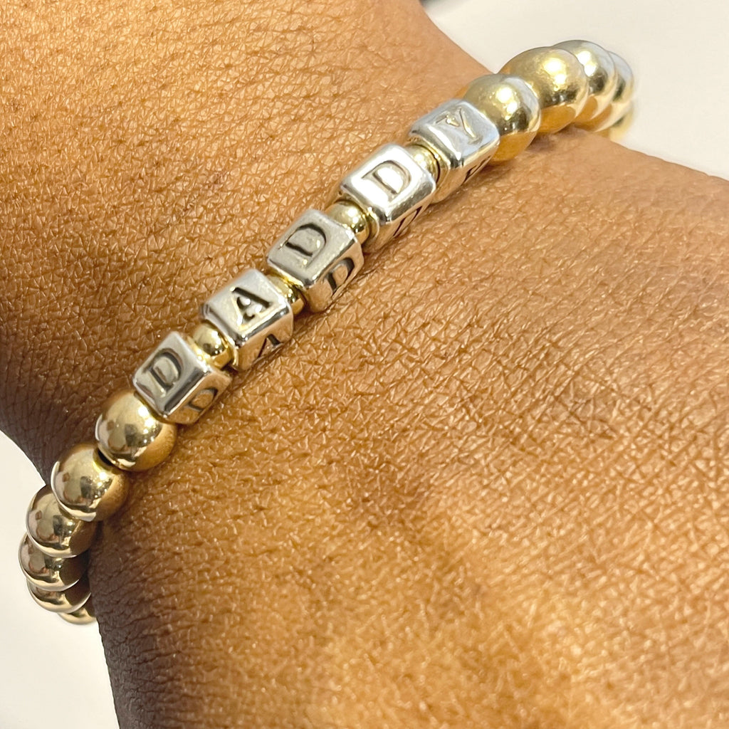 Gold Bead Name Bracelet Personalized Block Letter Dad Jewelry