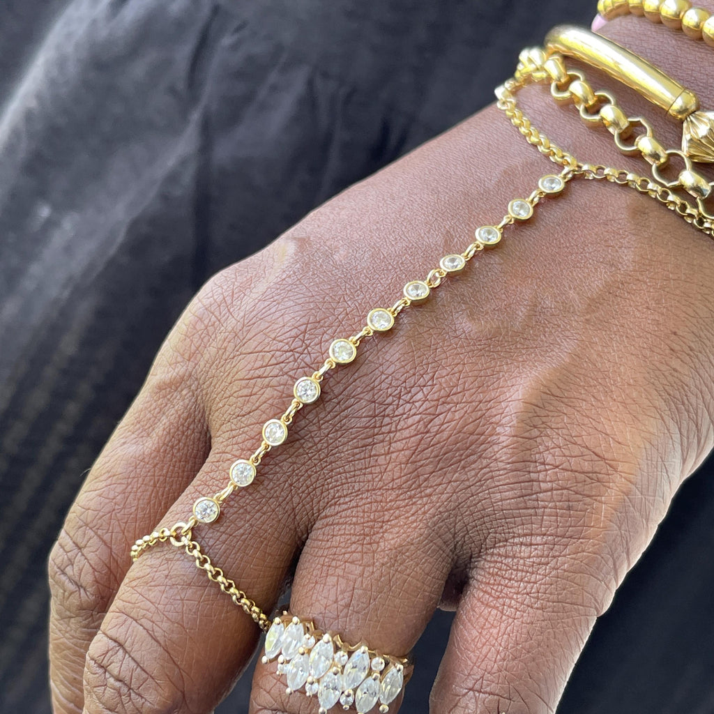 14k Gold Diamond Hand Chain Bracelet