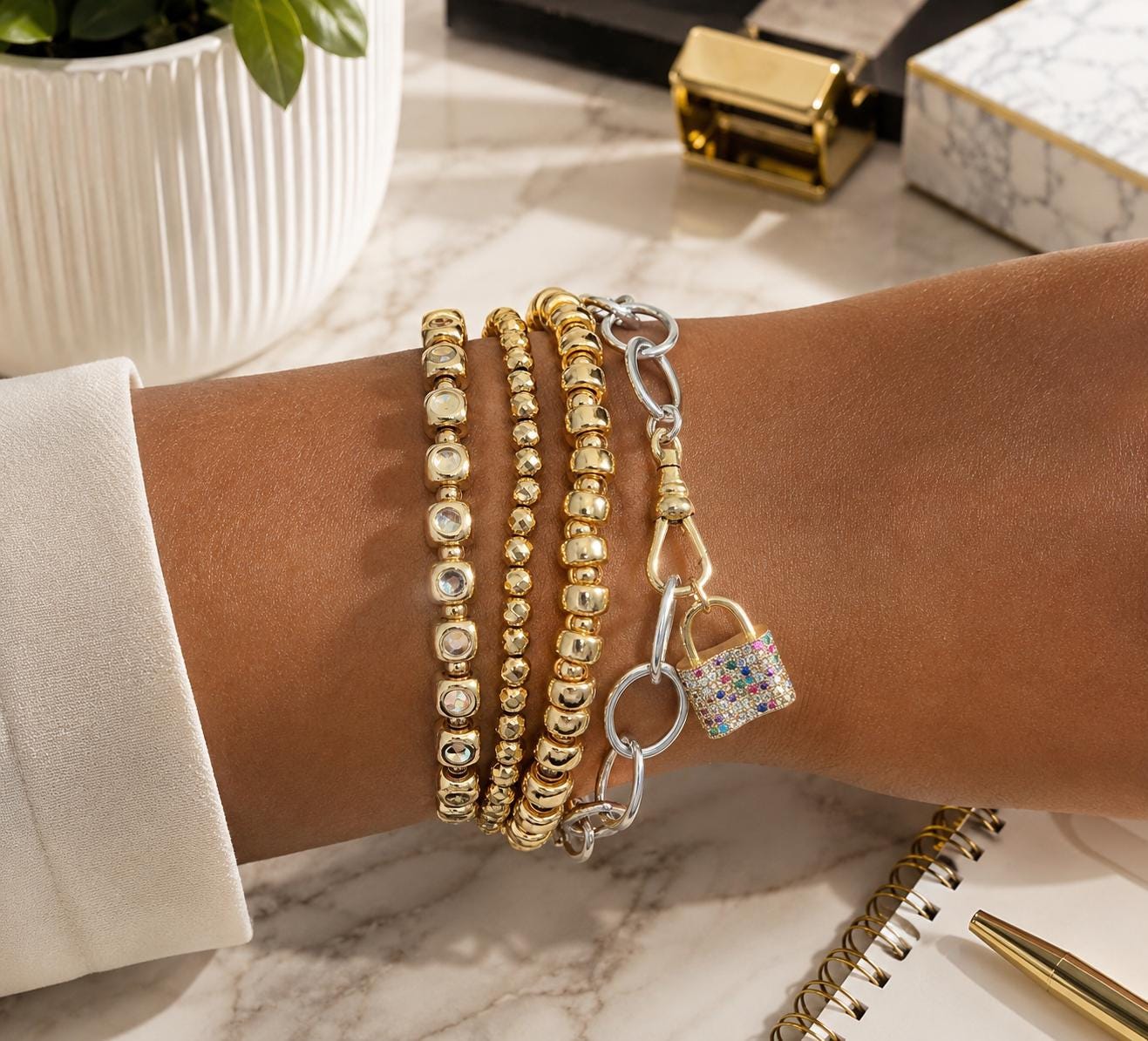 14k Solid Gold Bead Stretch Bracelet