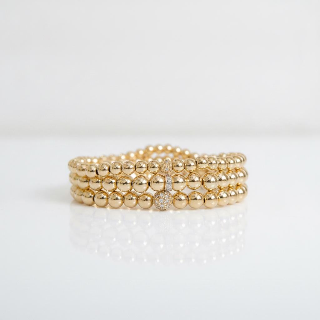14k Solid Gold Bracelet – Diamond Accent Rondelle
